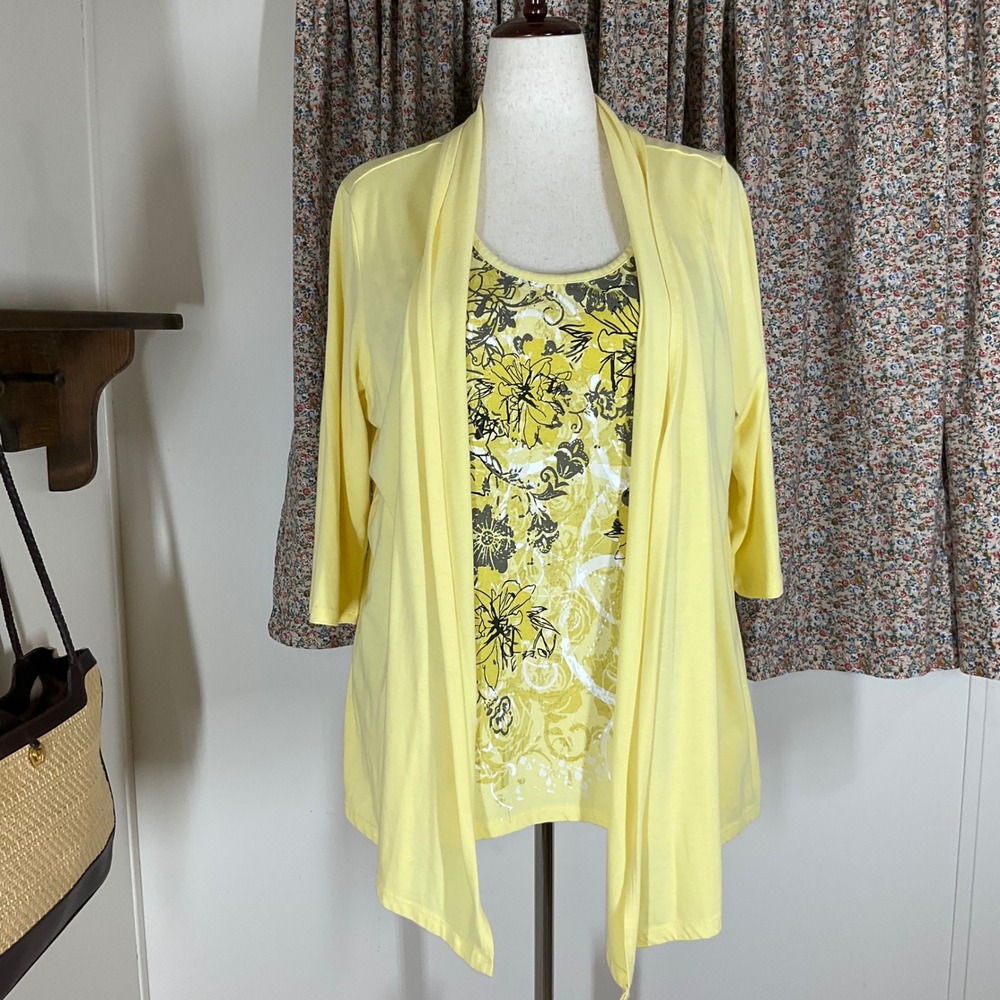 Blair Cardigan Tank Set Women XL Yellow Floral 2 Piece Open Front Casual Summer